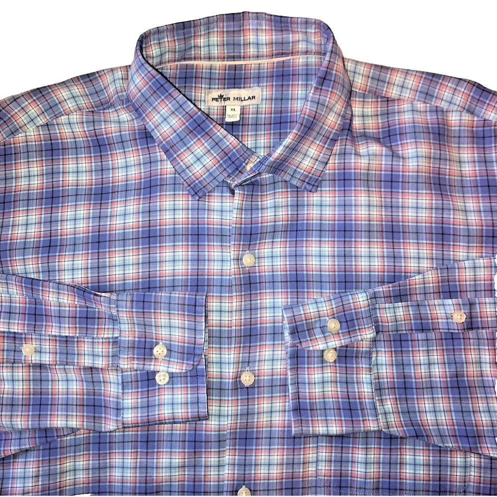 Peter Millar Men's XL Whitby Coast Plaid LS Cotton Silk Blend blue button shirt